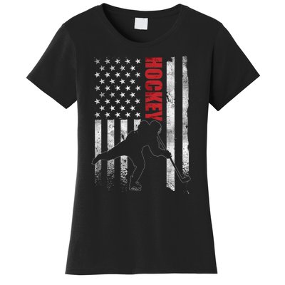 Vintage Ice Hockey American Flag Ice Hockey Player 4th July Women's T-Shirt