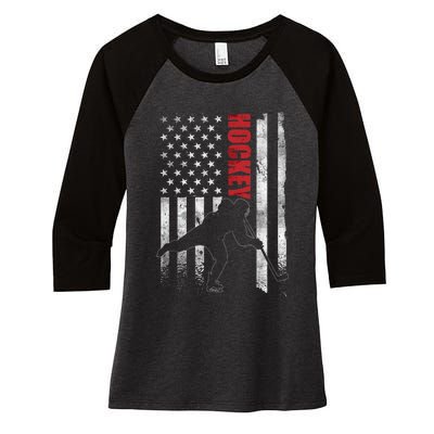 Vintage Ice Hockey American Flag Ice Hockey Player 4th July Women's Tri-Blend 3/4-Sleeve Raglan Shirt