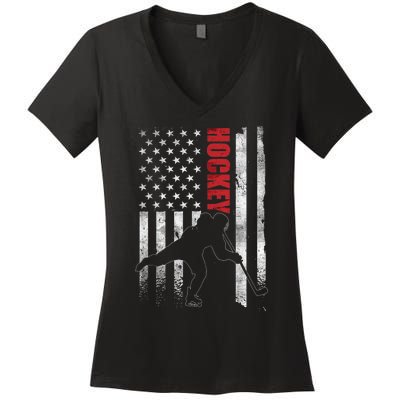 Vintage Ice Hockey American Flag Ice Hockey Player 4th July Women's V-Neck T-Shirt