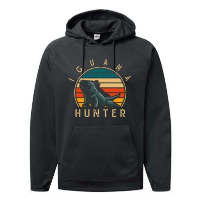 Vintage Iguana Hunter Funny Reptile Lover Performance Fleece Hoodie