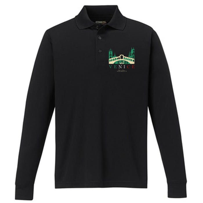 Venice Italy Iconic Gondola Rialto Bridge Ponte Di Rialto Performance Long Sleeve Polo