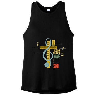 Vintage In Jesus Name I Sing Music Note Cross Ladies PosiCharge Tri-Blend Wicking Tank