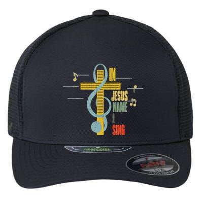 Vintage In Jesus Name I Sing Music Note Cross Flexfit Unipanel Trucker Cap