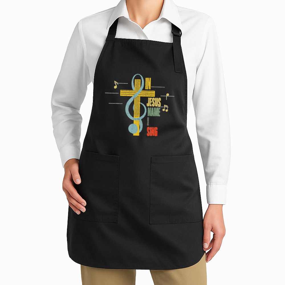 Vintage In Jesus Name I Sing Music Note Cross Apron