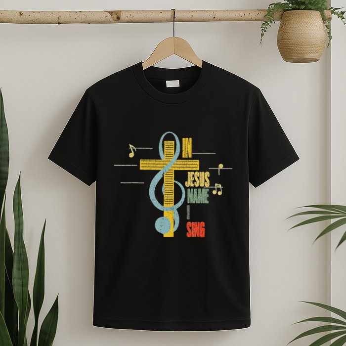Vintage In Jesus Name I Sing Music Note Cross T-Shirt
