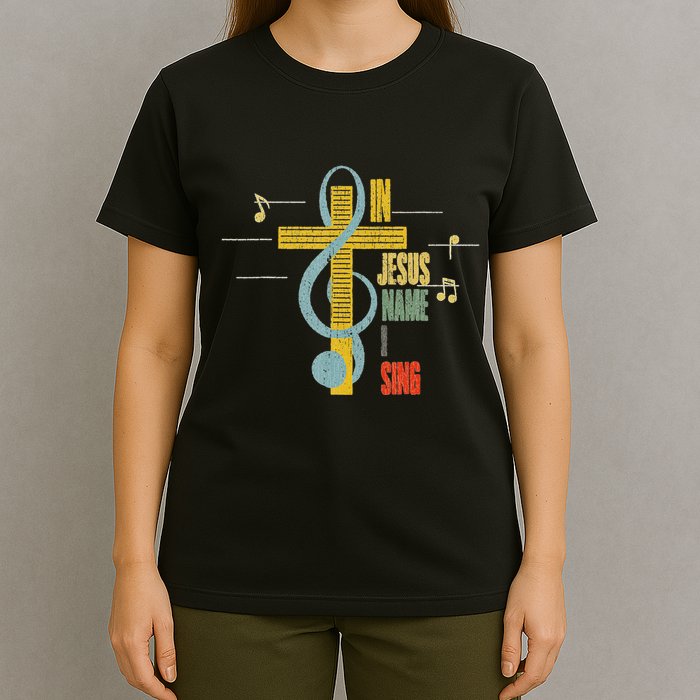Vintage In Jesus Name I Sing Music Note Cross T-Shirt