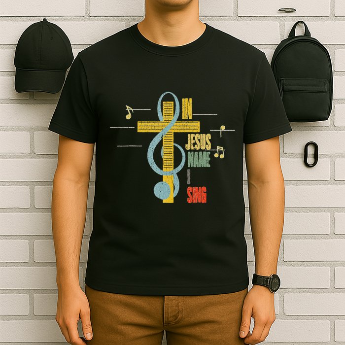 Vintage In Jesus Name I Sing Music Note Cross T-Shirt