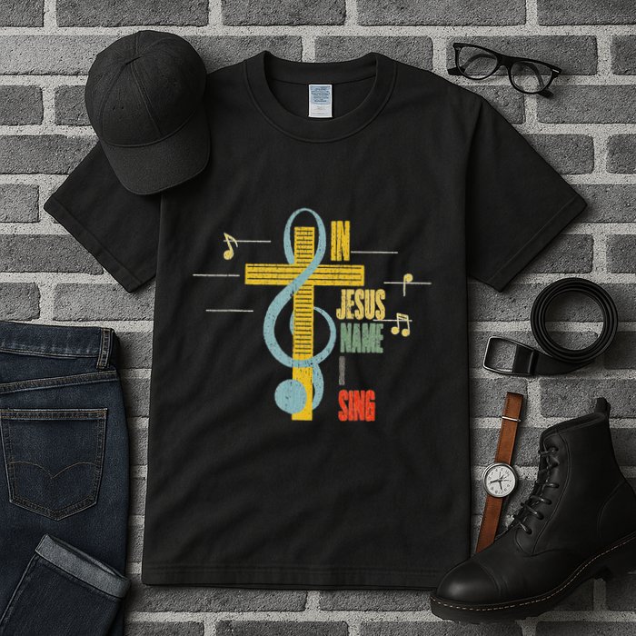 Vintage In Jesus Name I Sing Music Note Cross Tall T-Shirt
