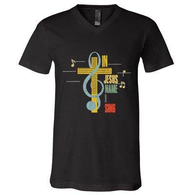Vintage In Jesus Name I Sing Music Note Cross V-Neck T-Shirt