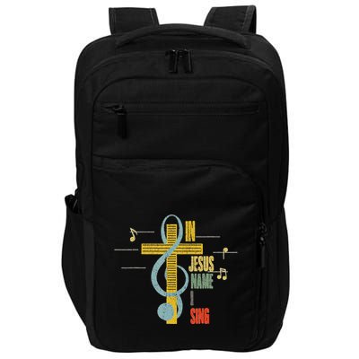 Vintage In Jesus Name I Sing Music Note Cross Impact Tech Backpack