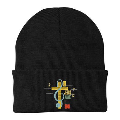 Vintage In Jesus Name I Sing Music Note Cross Beanie