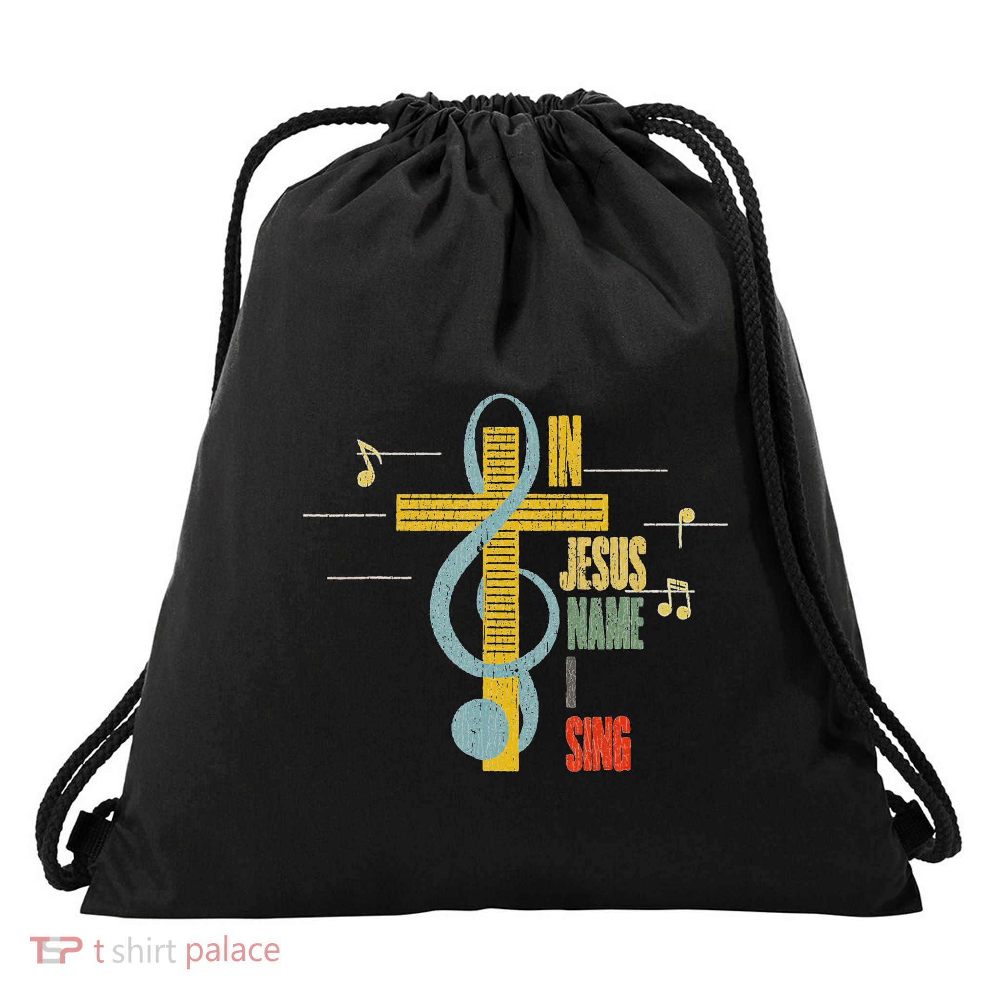 Vintage In Jesus Name I Sing Music Note Cross Drawstring Bag