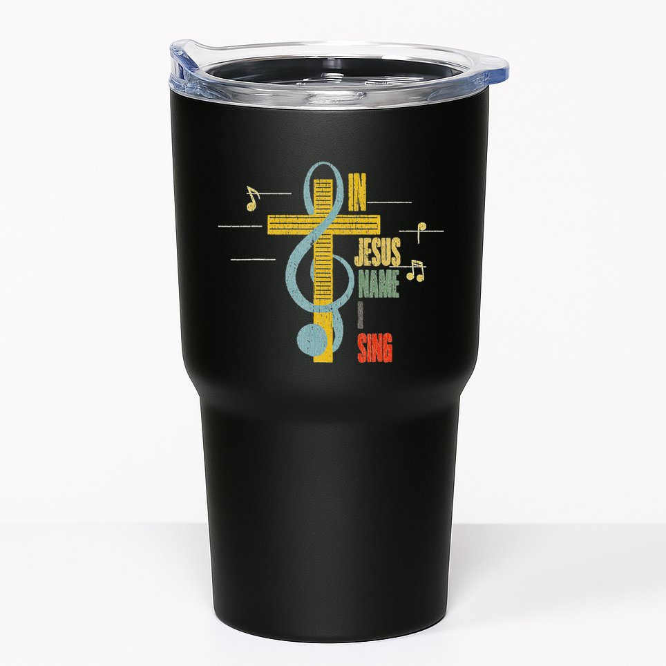 Vintage In Jesus Name I Sing Music Note Cross Tumbler