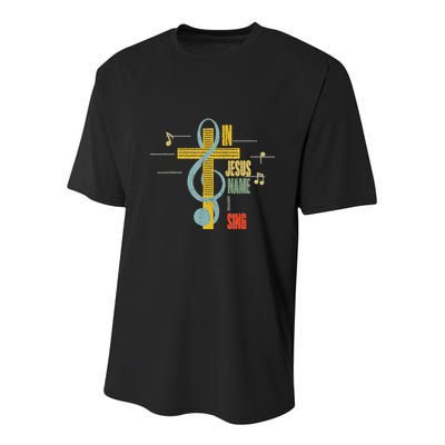 Vintage In Jesus Name I Sing Music Note Cross Youth Performance Sprint T-Shirt