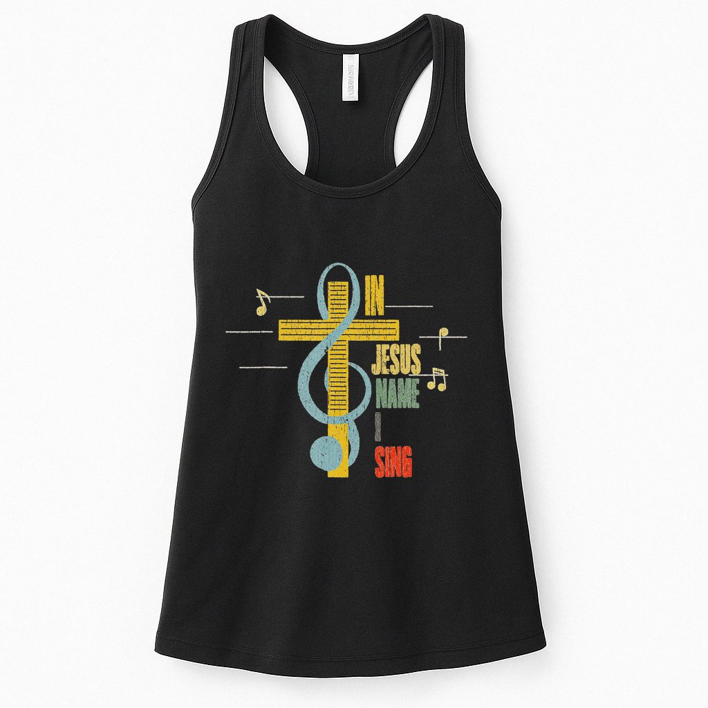 Vintage In Jesus Name I Sing Music Note Cross Womens Tank Top