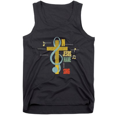 Vintage In Jesus Name I Sing Music Note Cross Tank Top