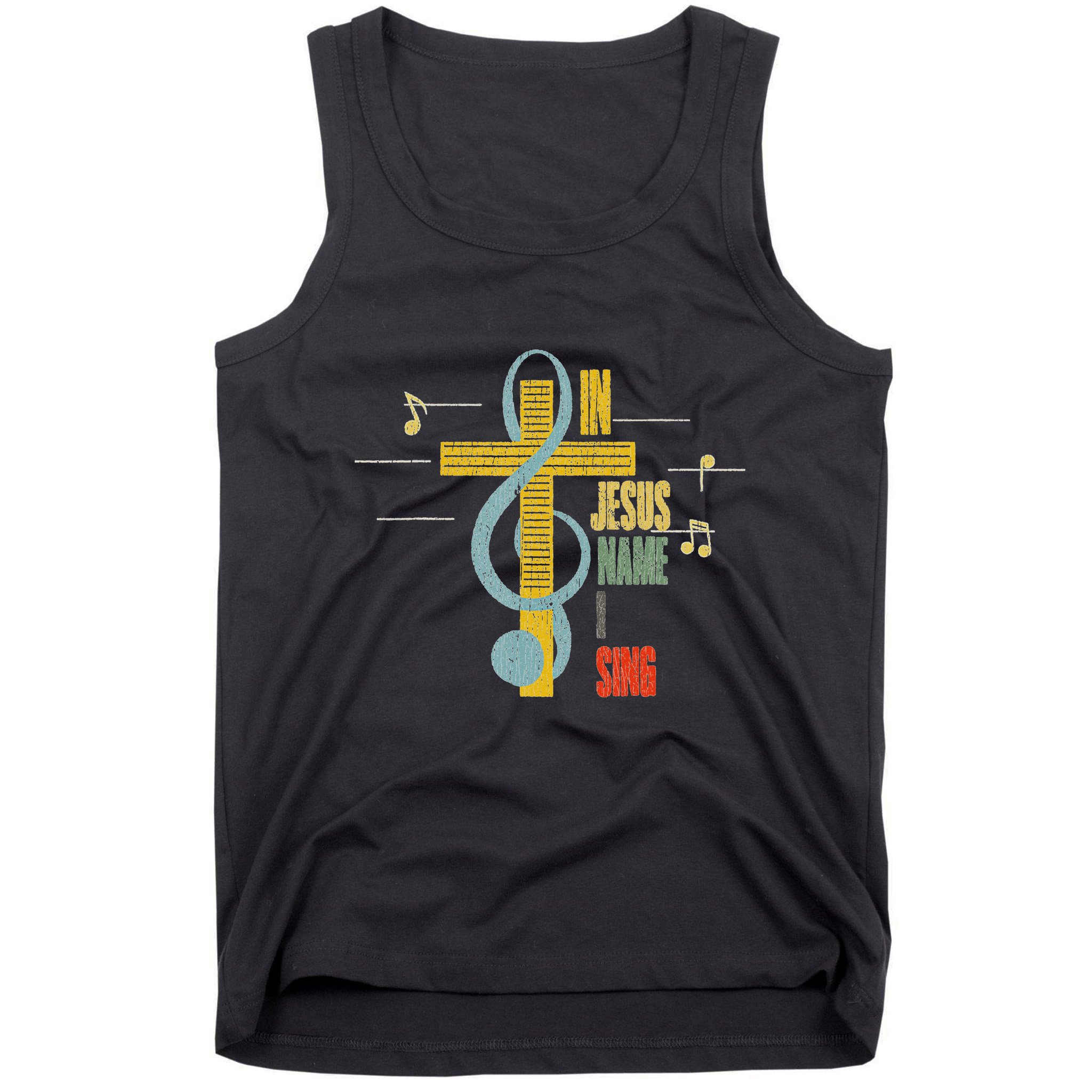 Vintage In Jesus Name I Sing Music Note Cross Tank Top