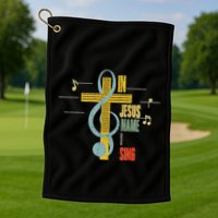Vintage In Jesus Name I Sing Music Note Cross Golf Towel