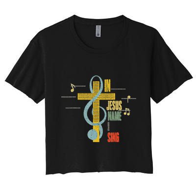 Vintage In Jesus Name I Sing Music Note Cross Crop Top