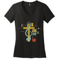 Vintage In Jesus Name I Sing Music Note Cross Women's V-Neck T-Shirt