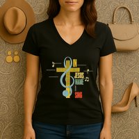 Vintage In Jesus Name I Sing Music Note Cross Women's V-Neck T-Shirt