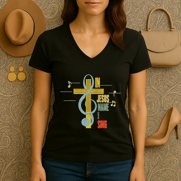 Vintage In Jesus Name I Sing Music Note Cross Women's V-Neck T-Shirt