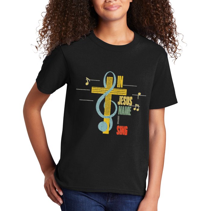 Vintage In Jesus Name I Sing Music Note Cross Kids T-Shirt