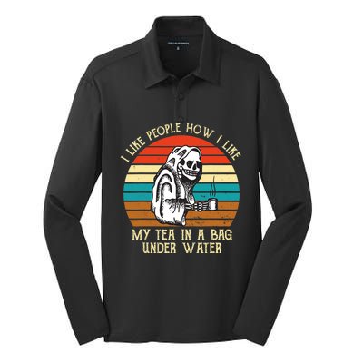 Vintage I Like People How I Like My Tea In A Bag Under Water Silk Touch Performance Long Sleeve Polo