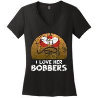 Vintage I Love Her Bobbers Funny Fishing Couple Women's V-Neck T-Shirt