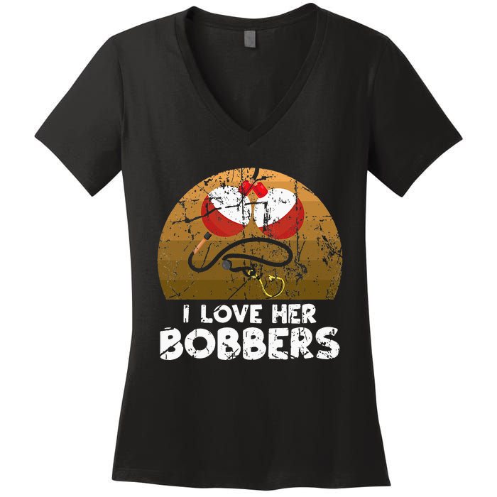 Vintage I Love Her Bobbers Funny Fishing Couple Women's V-Neck T-Shirt