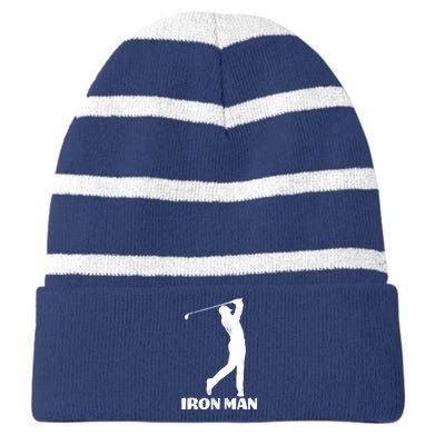 Vintage Iron Man Golf Design Striped Beanie with Solid Band