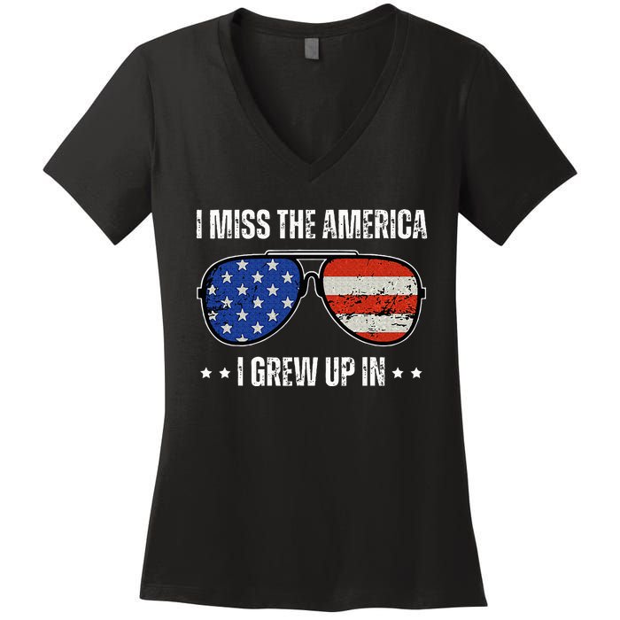 Vintage I Miss The America I Grew Up In Usa Flag Sunglasses Women's V-Neck T-Shirt