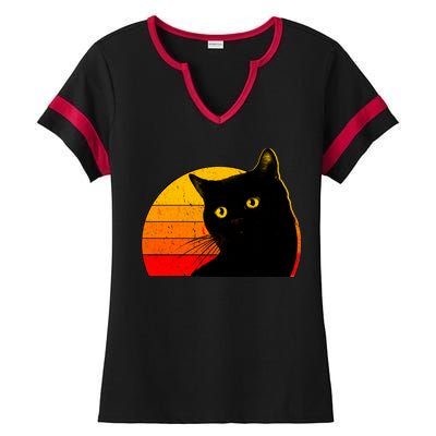 Vintage 80's Style Black Cat Retro Sun Ladies Halftime Notch Neck Tee