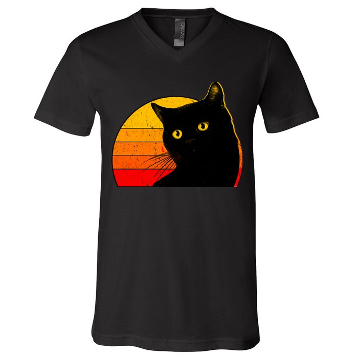 Vintage 80's Style Black Cat Retro Sun V-Neck T-Shirt