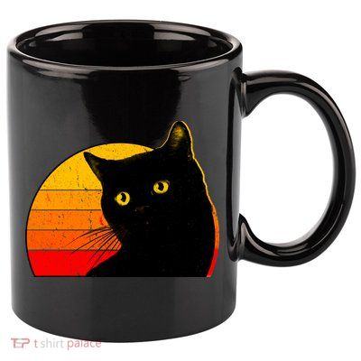 Vintage 80's Style Black Cat Retro Sun 11oz C Handle Ceramic Mug