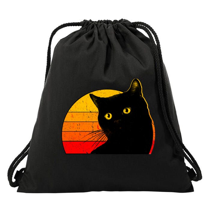 Vintage 80's Style Black Cat Retro Sun Drawstring Bag