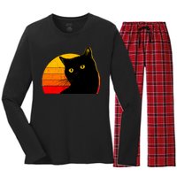 Vintage 80's Style Black Cat Retro Sun Women's Long Sleeve Flannel Pajama Set 