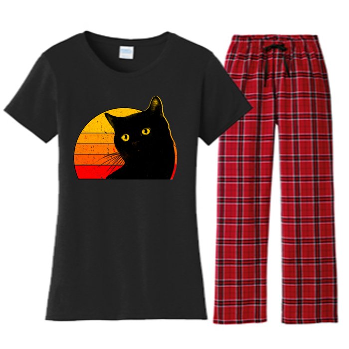 Vintage 80's Style Black Cat Retro Sun Women's Flannel Pajama Set