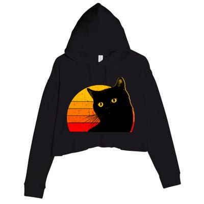 Vintage 80's Style Black Cat Retro Sun Crop Fleece Hoodie