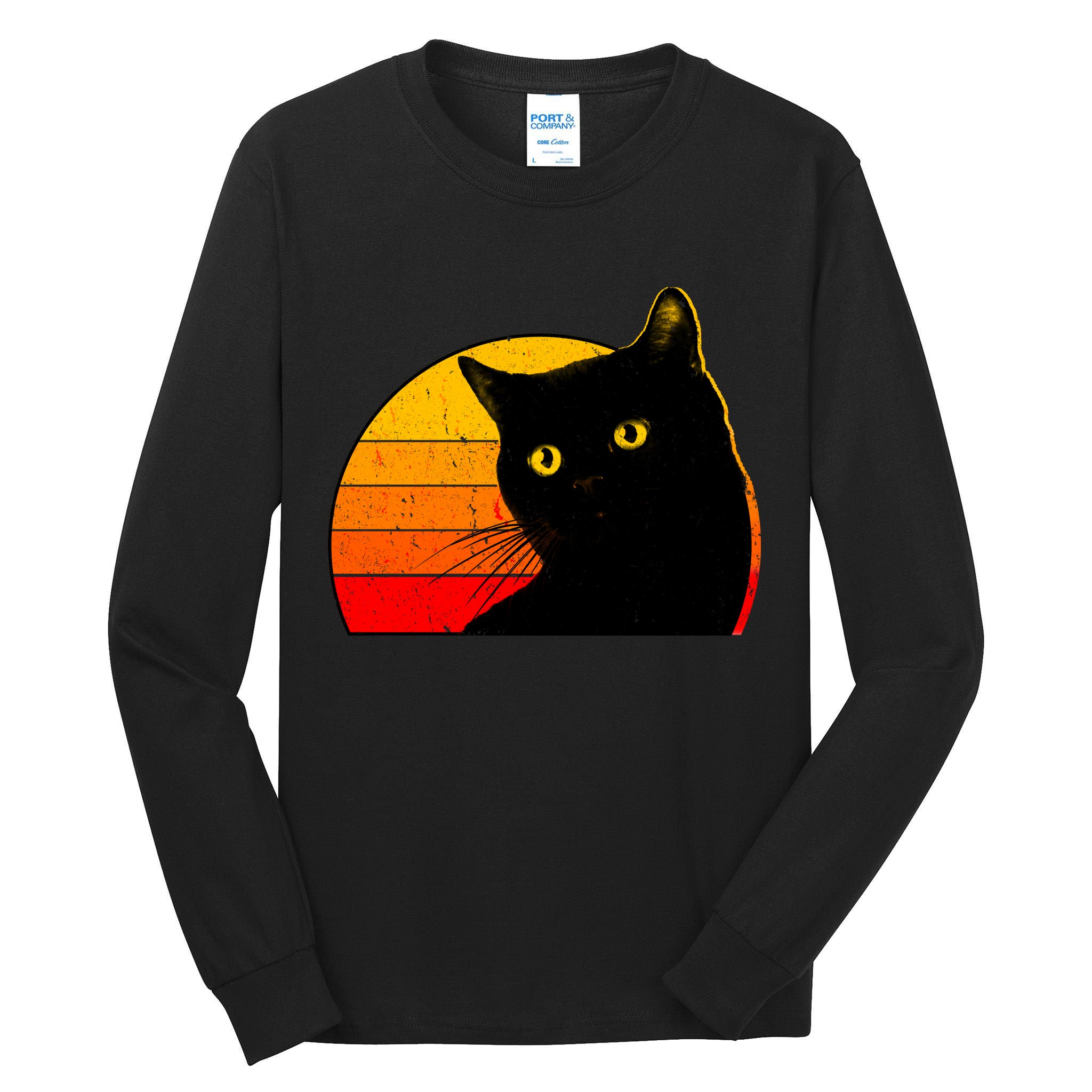 Vintage 80's Style Black Cat Retro Sun Tall Long Sleeve T-Shirt
