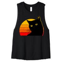 Vintage 80's Style Black Cat Retro Sun Women's Racerback Cropped Tank