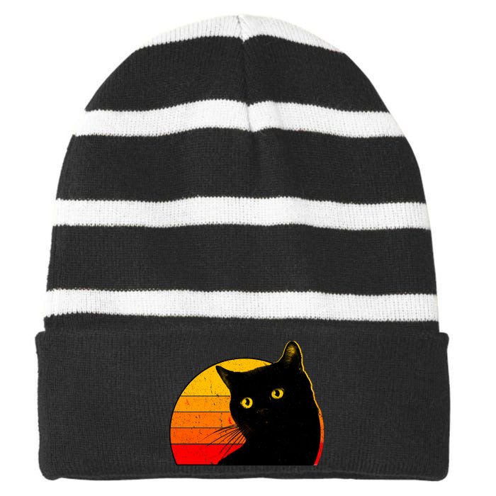 Vintage 80's Style Black Cat Retro Sun Striped Beanie with Solid Band