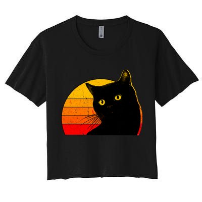 Vintage 80's Style Black Cat Retro Sun Crop Top