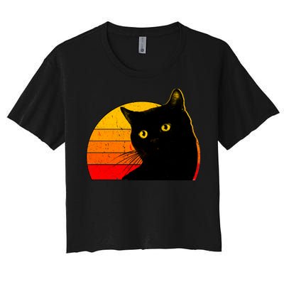 Vintage 80's Style Black Cat Retro Sun Women's Crop Top Tee