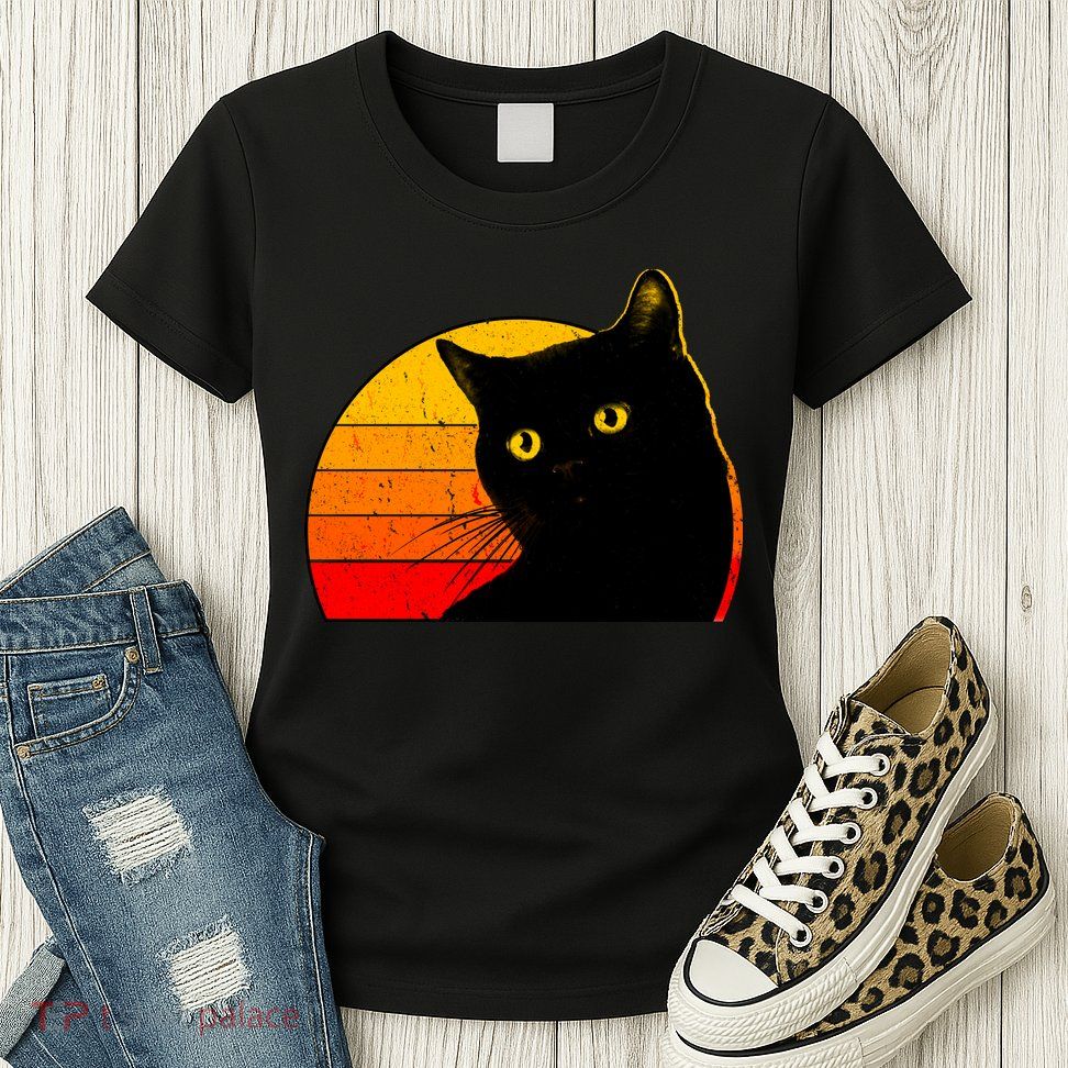 Vintage 80's Style Black Cat Retro Sun Women's T-Shirt