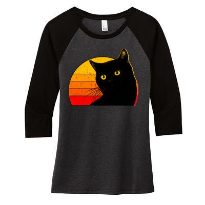 Vintage 80's Style Black Cat Retro Sun Women's Tri-Blend 3/4-Sleeve Raglan Shirt