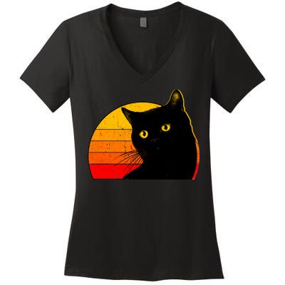 Vintage 80's Style Black Cat Retro Sun Women's V-Neck T-Shirt