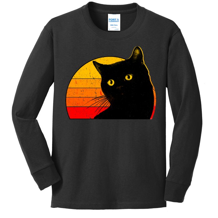 Vintage 80's Style Black Cat Retro Sun Kids Long Sleeve Shirt