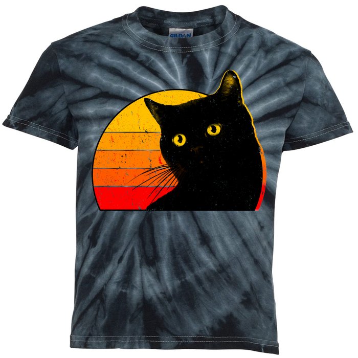 Vintage 80's Style Black Cat Retro Sun Kids Tie-Dye T-Shirt