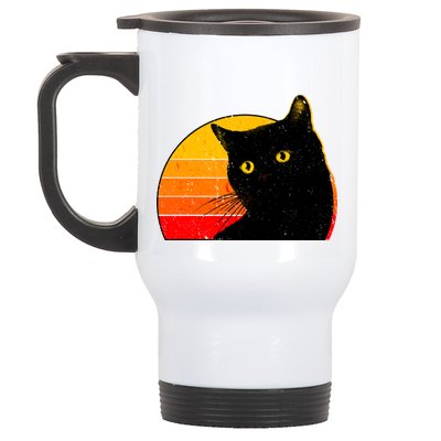 Vintage 80's Style Black Cat Retro Sun Stainless Steel Travel Mug